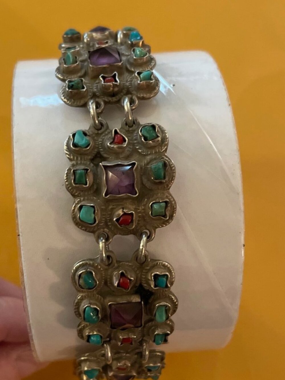 Vintage Sterling Bracelet Taxco MATL TP-102 MEXICO VALLADERES Amethyst Coral